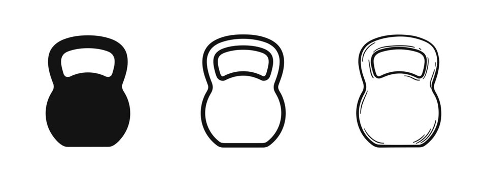 Set of kettlebell gym equipment icons in solid, outline, and sketch styles