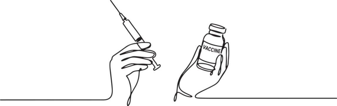 hands each holding a syringe and a vaccine bottle. Vaccines for immunity.one line vector illustration with white background