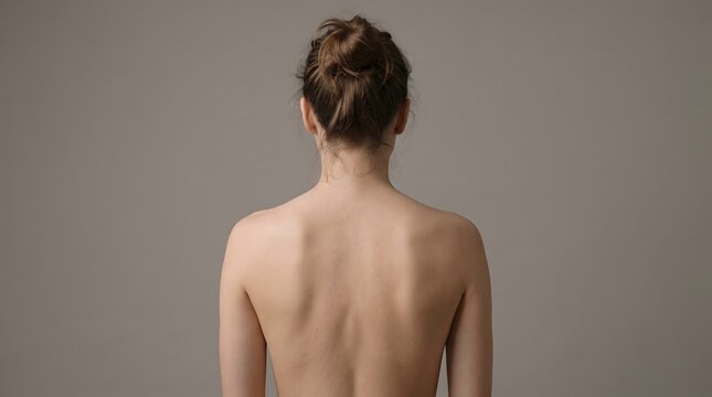 Rear view of a woman's bare back and shoulders with hair tied up in a bun on a solid studio background