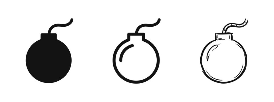 Bomb icon set, explosive weapon symbols, danger and hazard signs in glyph, line, and hand-drawn sketch styles