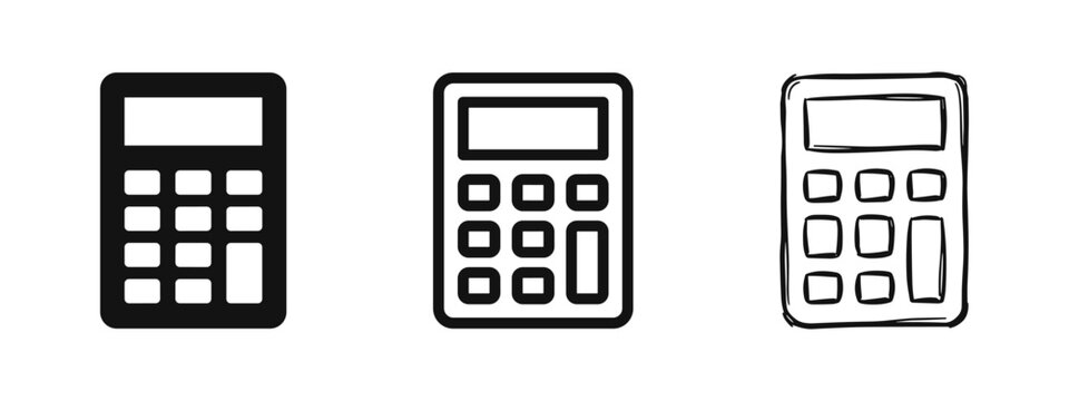 Calculator Icon Set in Solid, Outline and Hand Drawn Styles