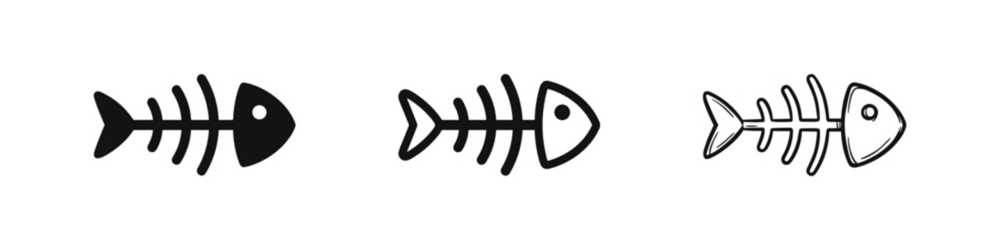 Fish Skeleton Icon Set, Dead Fish Bones in Solid, Outline, and Sketch Styles