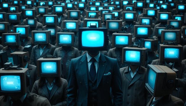 Faceless business crowd wearing glowing monitor heads
