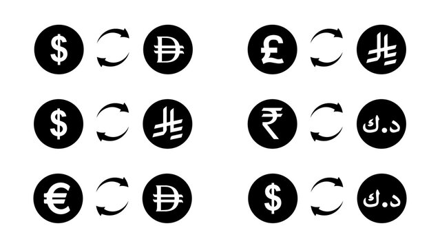 Middle East and Gulf Currency Exchange Icon Set &mdash; Dollar, Pound, Euro and Rupee to Saudi Riyal, Kuwaiti Dinar and Dong Conversion Pairs in Black and White
