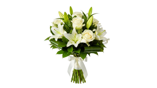 Elegant white floral bouquet with greenery, beautifully arranged isolated on transparent background