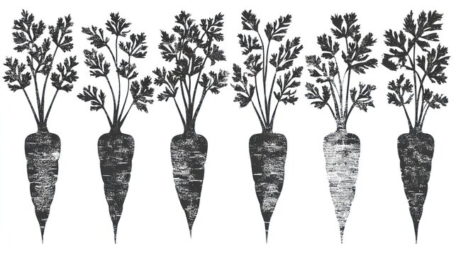 Six stylized root vegetables with leafy green tops are displayed in a horizontal arrangement with distressed texture