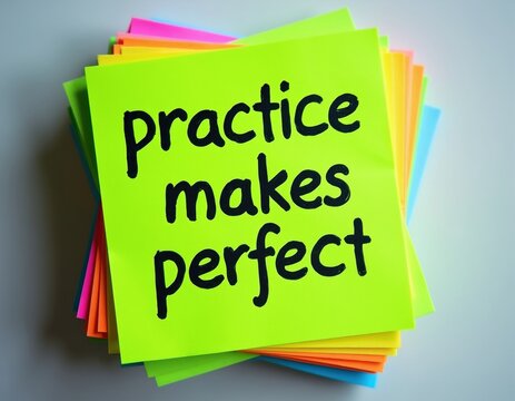 Bright green note paper has black handwritten text practice makes perfect. Stack of colorful memo papers is seen on table. Encouraging message reminder.