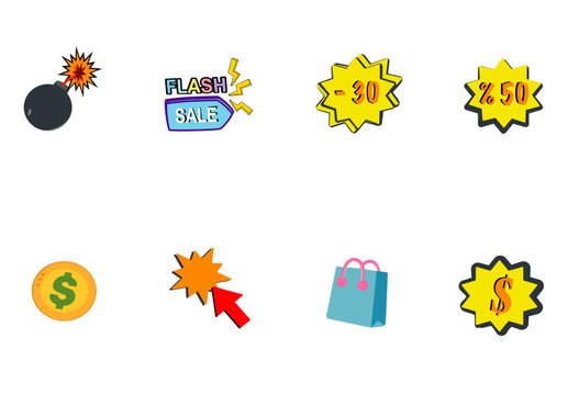 Flash Sale Shopping Icon Set with Discount Badges and Promotional Labels