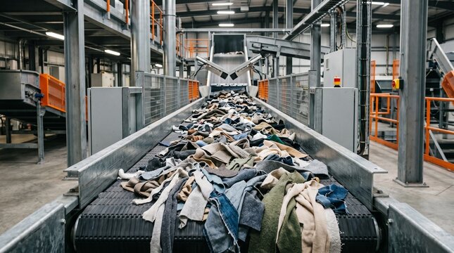 Textile offcut conveyor flow through stark circular manufacturing interior