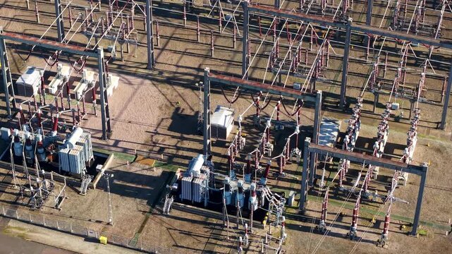 High Angle View of Substation Busbars and Power Lines Luton