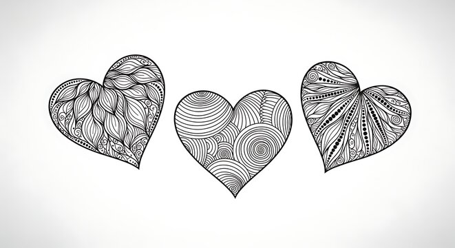 Ornate heart shapes with intricate zentangle patterns on white background