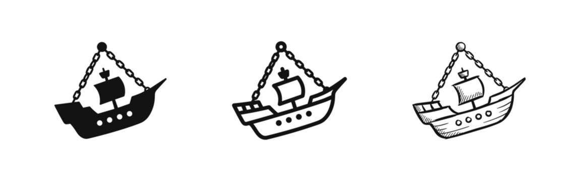 Pirate ship set, sail boat in sketch and silhouette style