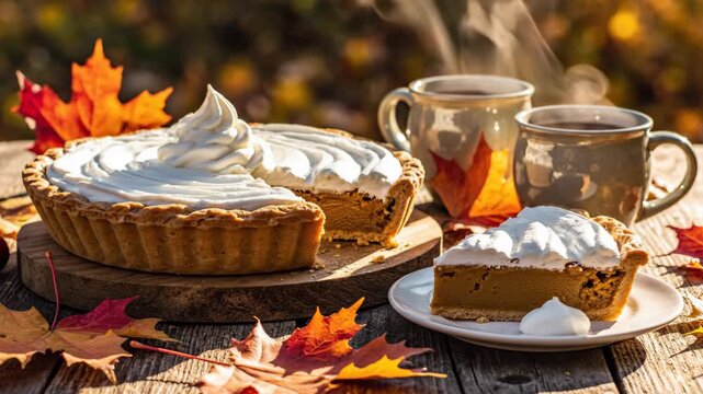 Pumpkin pie slice and hot drinks on rustic autumn table