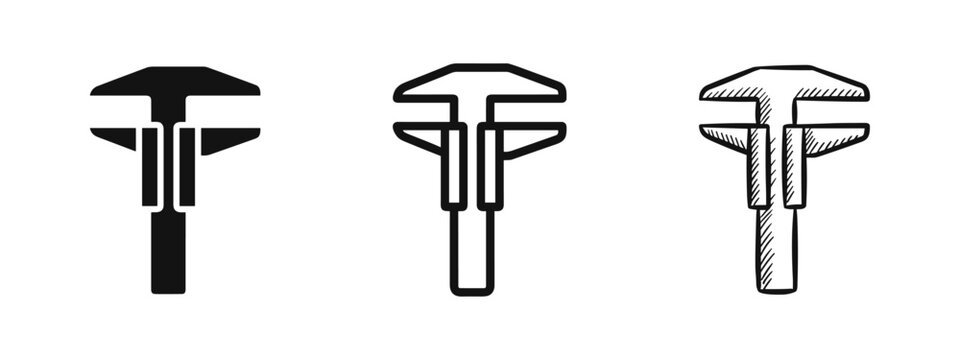 Set of caliper icons, precision measurement tool in solid, outline, and sketch style