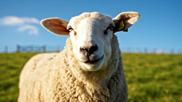 Sheep standing in green pasture under blue sky.
