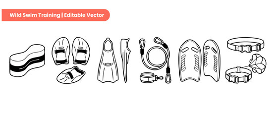 Swimming training gear vector icons for open water athletes showing swim accessories like fins, kickboard, pull buoy, hand paddles and parachute in a clean minimalist line art style for web design. © Dinali