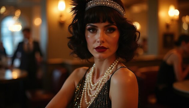 Elegant woman in 1920s flapper dress and pearl necklace poses in dimly lit jazz club. Art deco style hair accessory and makeup accentuates her sophisticated beauty. A classic portrait.