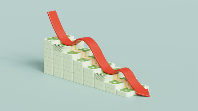 3d business graph with red arrow down showing financial crisis. Financial decline, revenue loss, decreasing profits and business downturn concept