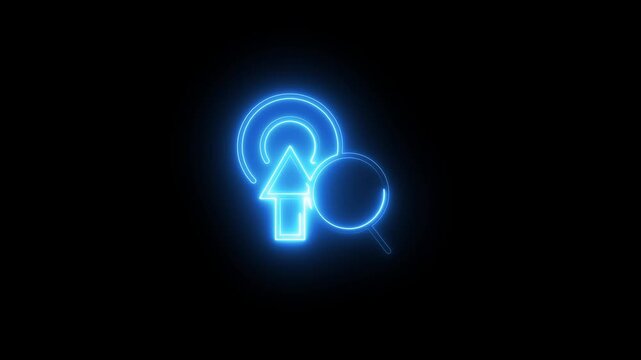 Neon search icon on black background animation. Magnifying glass icon, glowing neon blue search icon animation.