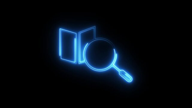 Neon search icon on black background animation. Magnifying glass icon, glowing neon blue search icon animation.