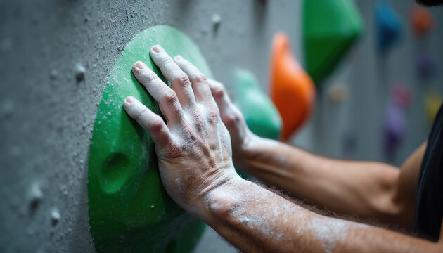 Climbers hands with chalk grip green rock holds on indoor wall. Athlete trains strength and determination for bouldering or climbing sport activity. Focus on fingers muscles.