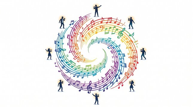 Musical Notes Circular Swirl Singer Silhouettes Round Song Rainbow Gradient Design