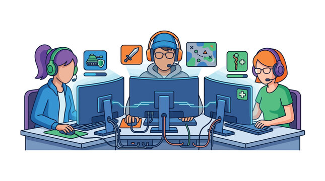 Three diverse gamers playing video games together on computers in a competitive team setting.
