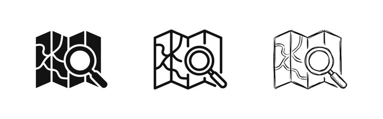Three map and magnifying glass icons: silhouette, outline, and sketch. © drawing lines