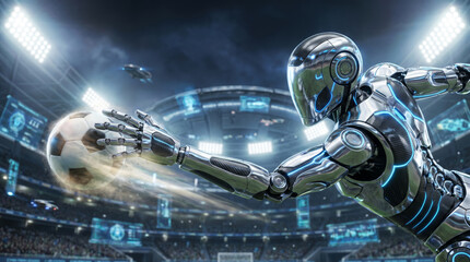 Fototapeta premium Futuristic humanoid robot goalkeeper making a dramatic save on a soccer ball near the goal net