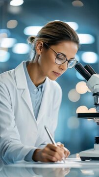 A focused woman in a white lab coat works diligently in a high tech laboratory, documenting findings and using advanced microscopy. The environment reflects progress in medical and scientific research