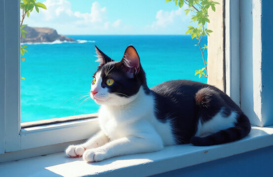 Black and white cat rests on windowsill looking at bright blue ocean. Green leaves frame view. Sunny day, seaside relaxation concept. Peaceful animal gaze, travel imagery.