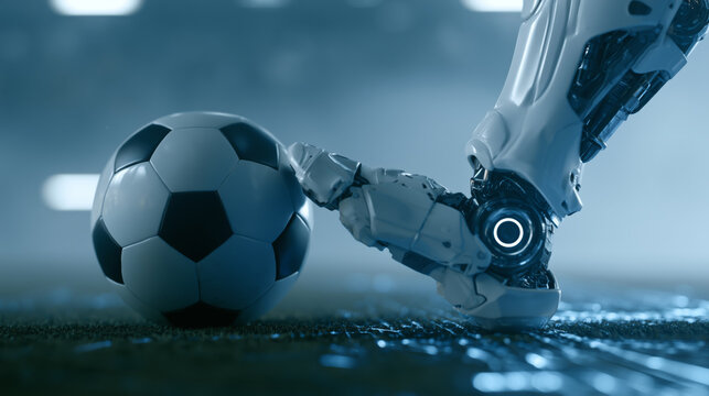 Robotic bionic leg kicking a soccer ball in a futuristic stadium, AI sports technology concept
