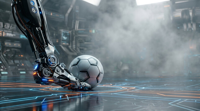 Robotic bionic leg kicking a soccer ball in a futuristic stadium, AI sports technology concept