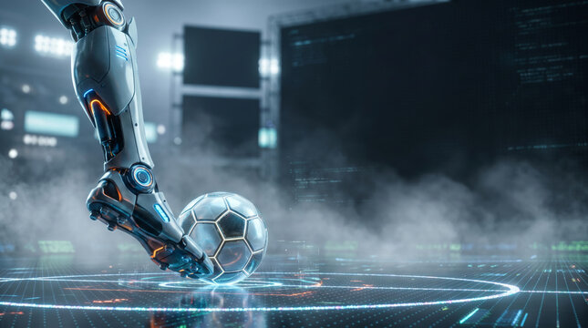 Robotic bionic leg kicking a soccer ball in a futuristic stadium, AI sports technology concept