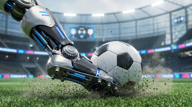 Robotic bionic leg kicking a soccer ball in a futuristic stadium, AI sports technology concept