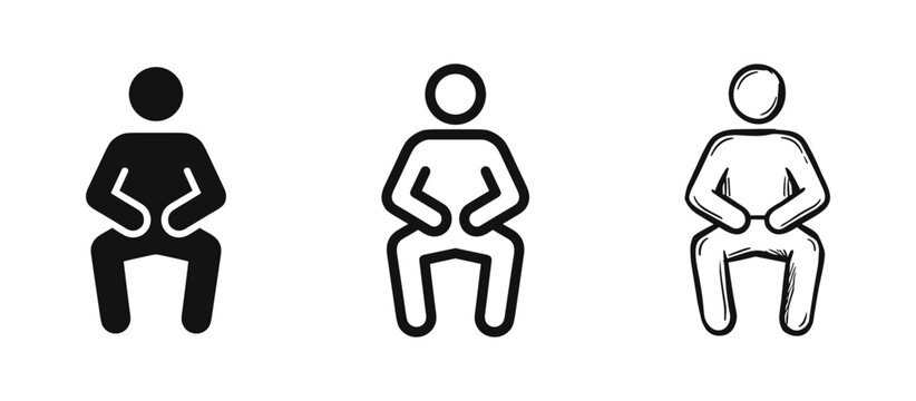 Three variations of a stick figure sitting icon in black and white styles.