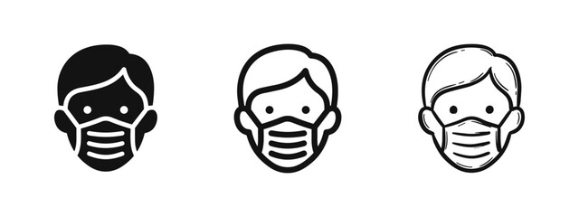 Person wearing medical face mask icon set, health protection and safety symbols