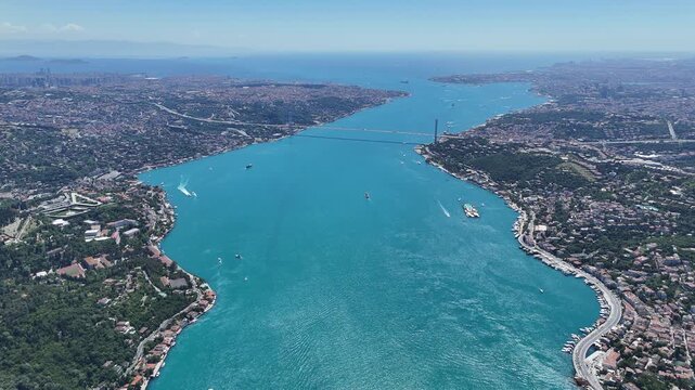 Aerial view of the turquoise Bosphorus and bridges, featuring a unique Istanbul cityscape on a summer day (D-Log unprocessed footage).