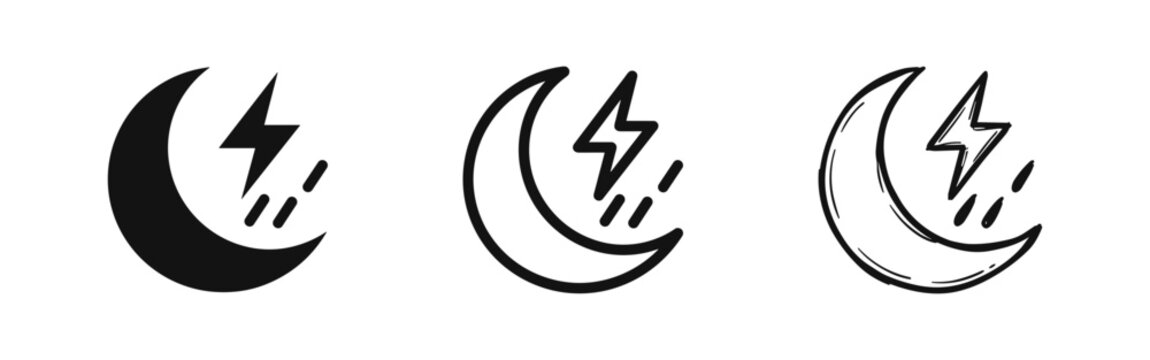 Weather moon with lightning and rain icon set, night storm and forecast symbols