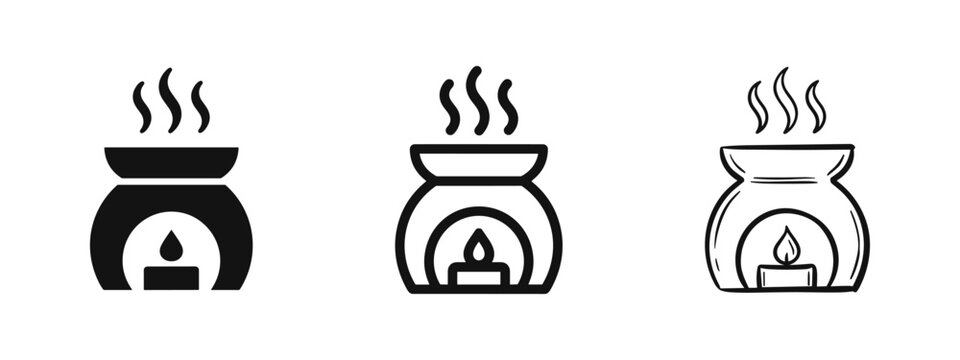Aromatherapy oil burner icon set, candle aroma lamp and spa relaxation symbols