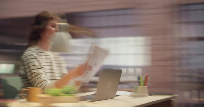 Timelapse 360 Degree. Businesswoman Reviews Reports and Types on Laptop in Office, Analyzing Sales Data, Managing Ecommerce Platform and Boosting Digital Productivity. Cinematic Arc Tracking Shot.
