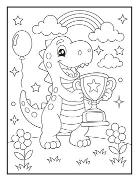 Cute Dinosaur Holding Trophy Coloring Page for Kids. Printable Cartoon Winner Illustration