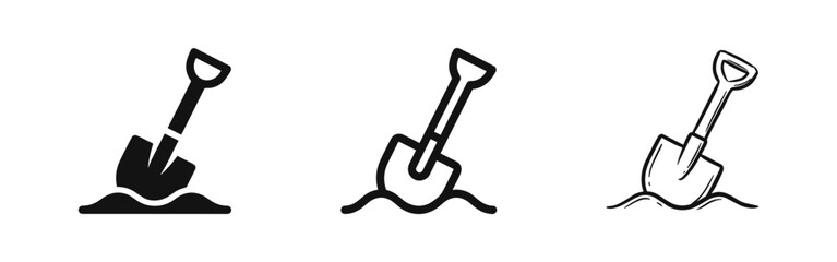 Shovel in dirt silhouette, outline and sketch icons © drawing lines