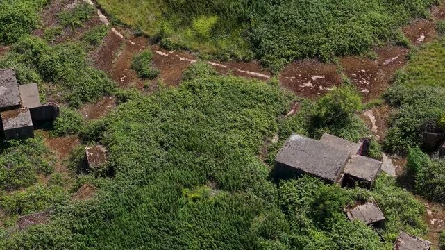 WWII anti-aircraft battery ZE1 gun emplacements at Chadwell Heath, London&mdash;close forward drone flyover of ruins, concrete hardstands and overgrown scrub at historic Blitz-era defense site.