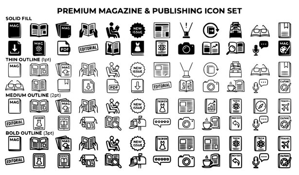 Publishing Magazine Icons Pack in Solid Fill and Multi Weight Stroke Variations Vector Illustration