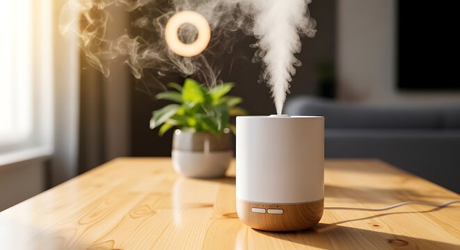 White ceramic essential oil diffuser releasing aromatic steam on wooden table
