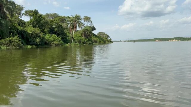 Green landscape of Kazinga Channel in Queen Elizabeth NP, Uganda