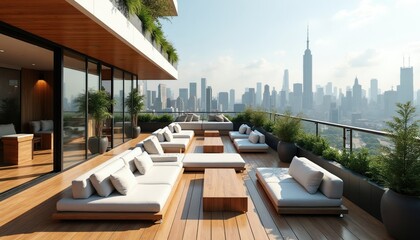 Obraz premium Spacious rooftop lounge with white sectional sofas, wooden tables offers panoramic city skyline views. Lush plants surrounds modern outdoor seating area, perfect for relaxation, entertaining guests.