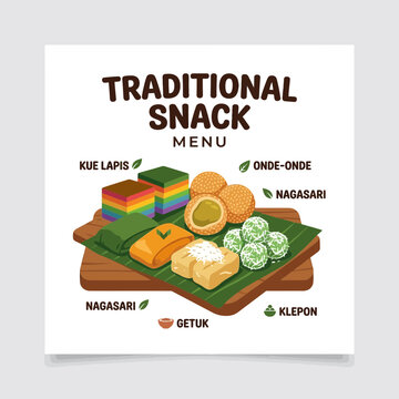 Assorted Traditional Indonesian Street Food Snacks Menu Vector Illustration