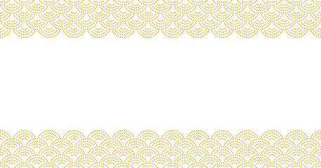 Golden fish scale pattern with decorative dots creates elegant textured frame. Ornamental design with scalloped borders and luxury details. © 2olotarev